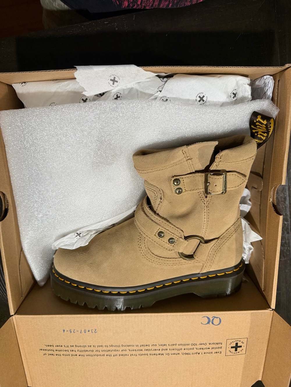 Dr. Martens Tan Suede Buckle Combat Bootie